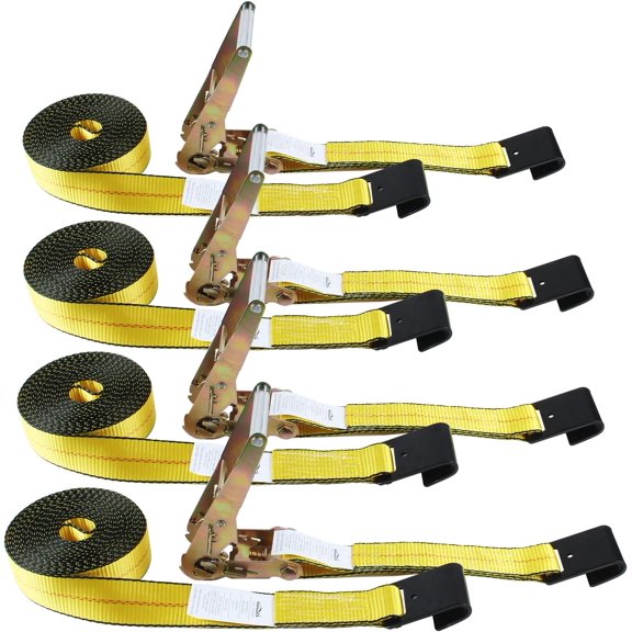 Flat Hook Ratchet Straps-Tie Down Straps Heavy Duty-2 Inch x 27 -Weather Resistant Strap -3,333 Pound Working Load Limit-for Flatbed, , Pickup(4 Pack) Yellow