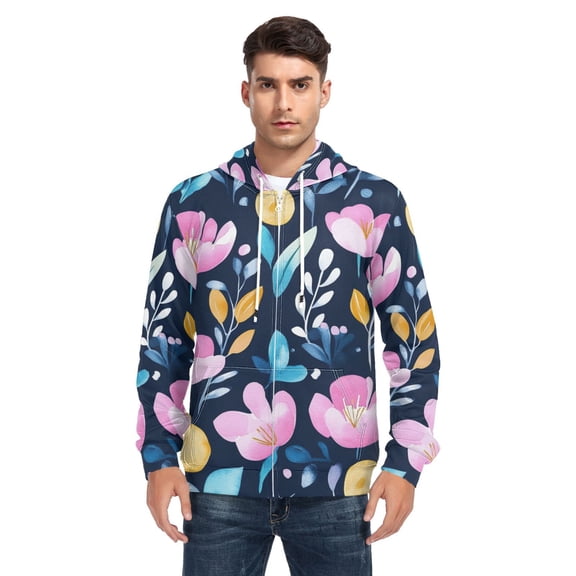 Flat Illustration Of Petals and Leaves Men’s Hoodies Sweatshirt with Full Zip Pockets Fleece Jackets