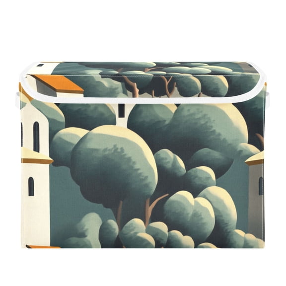 Flat Illustration Of Village with Trees Large Storage Bins with Linen Collapsible Lid Storage Box 16.7 x 12.6 x 11.8in