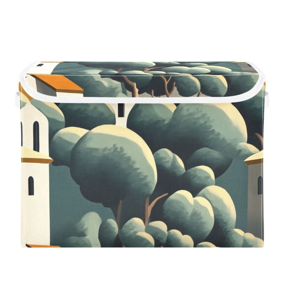 Flat Illustration Of Village with Trees Large Storage Bins with Linen Collapsible Lid Storage Box 16.7 x 12.6 x 11.8in