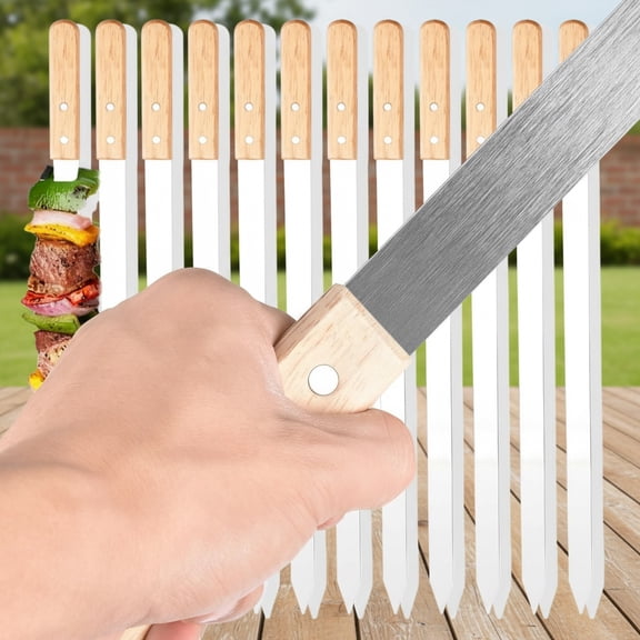 Flat Kabob Skewers Heavy Duty Stainless Steel Grilling BBQ Skewer with Wood Handle for Making Koubideh Persian Brazilian Chicken Shrimp Ground Meat Kebab - Set of 12