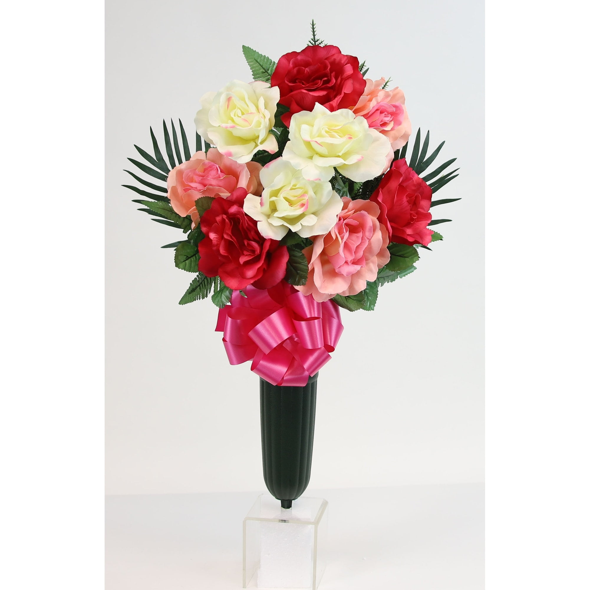 Flat Large Rose X9 Cemetery Vase - N/A Fuschia, Pink, White