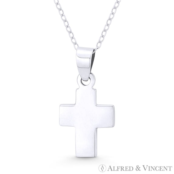 Flat Latin Crucifix Christian Cross Pendant w/ Chain Necklace in .925 Sterling Silver