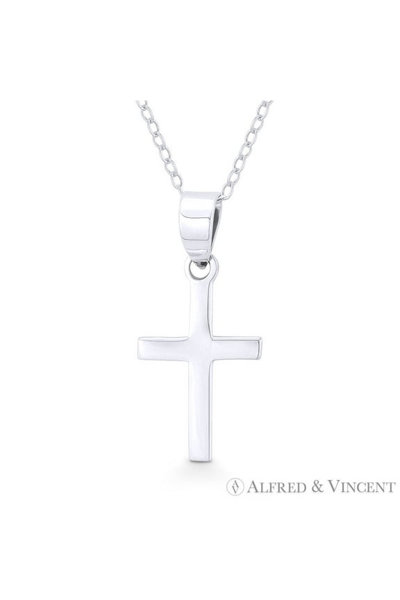 Flat Latin Crucifix Christian Cross Pendant w/ Chain Necklace in .925 Sterling Silver