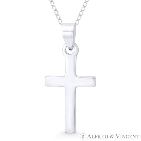 Flat Latin Crucifix Christian Cross Pendant w/ Chain Necklace in .925 Sterling Silver