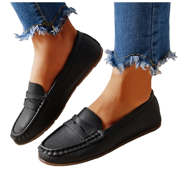 Flat Leather Loafers for Women Slip On Dress Shoes Non Slip Fashion Moc Toe Low Heel Dressy Business Shoes Black Size 7.5