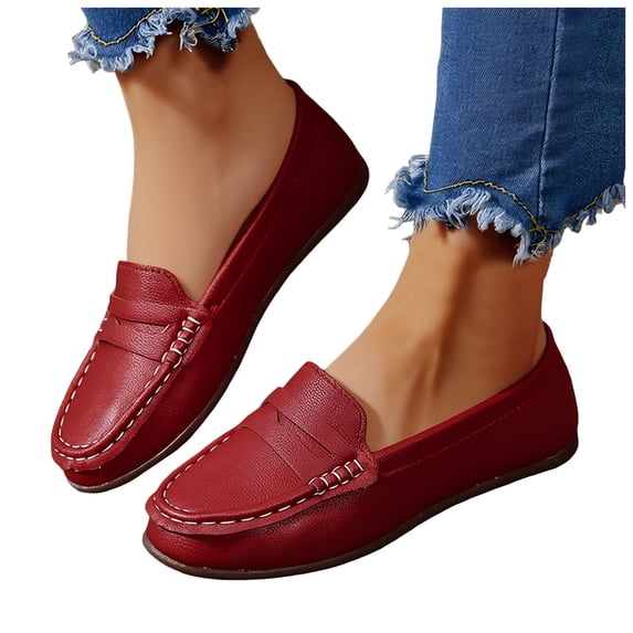 Flat Leather Loafers for Women Slip On Dress Shoes Non Slip Fashion Moc Toe Low Heel Dressy Business Shoes Red Size 7.5