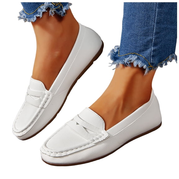 Flat Leather Loafers for Women Slip On Dress Shoes Non Slip Fashion Moc Toe Low Heel Dressy Business Shoes White Size 8.5