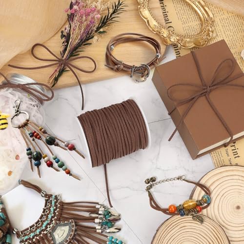 Flat Leather String Cord, Suede Ribbon for Jewelry Making, Leather Twine for Crafts, Thin Leather Shoe Laces for Boots, Faux Leather Strips for Bracelets, Necklaces (Dark Brown)