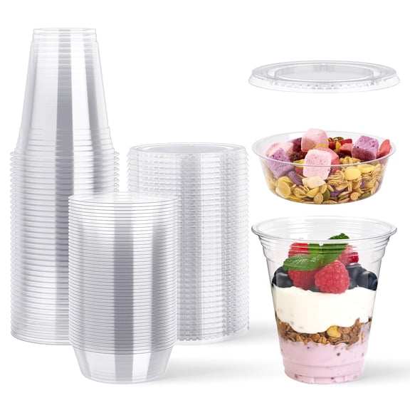 Flat Lids - 12 oz Plastic Parfait Cups with Inserts, 50 Count