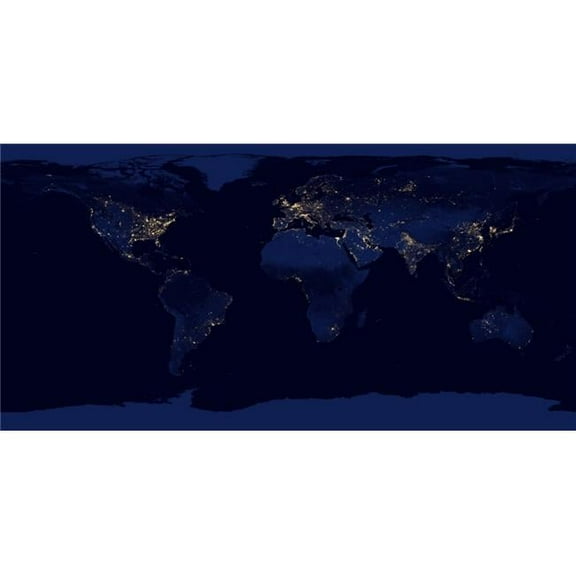 Flat Map of Earth Showing City Lights of The World At Night Poster Print, 20 x 10