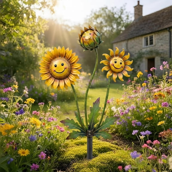 Flat Metal Garden Stakes Colorful Flytrap Sunflower Yard Decor Outdoor Patio Lawns Potted Plants Decorative Ground Insert Ornaments Rustproof Garden Art Landscape Stake Display Home Decor