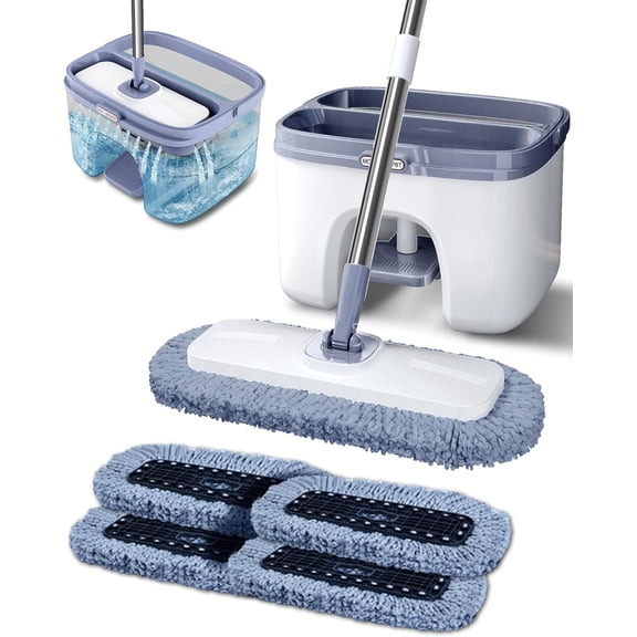 Flat Microfiber Mop and Bucket Set with Wringer, 360 Spin Mop for Floor & Wall Cleaning, 17.7x9in Wide Head, 4 Washable Pads, Hands-Free