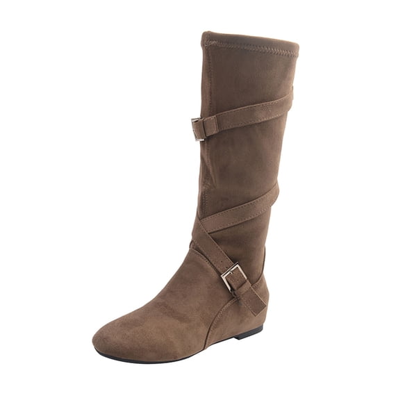 Flat Mid Calf Boots With Strap Buckle Design for Women Suede Heel Pull-On Closed Toe Casual Winter