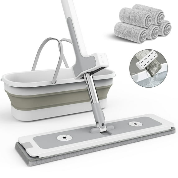 Spin Mop and Bucket Set with Wringer - Heavy Duty Flat Head Microfiber Mop for Floors & Walls, Includes 5 Washable Pads for Wet/Dry Cleaning, for Household Floor Care S