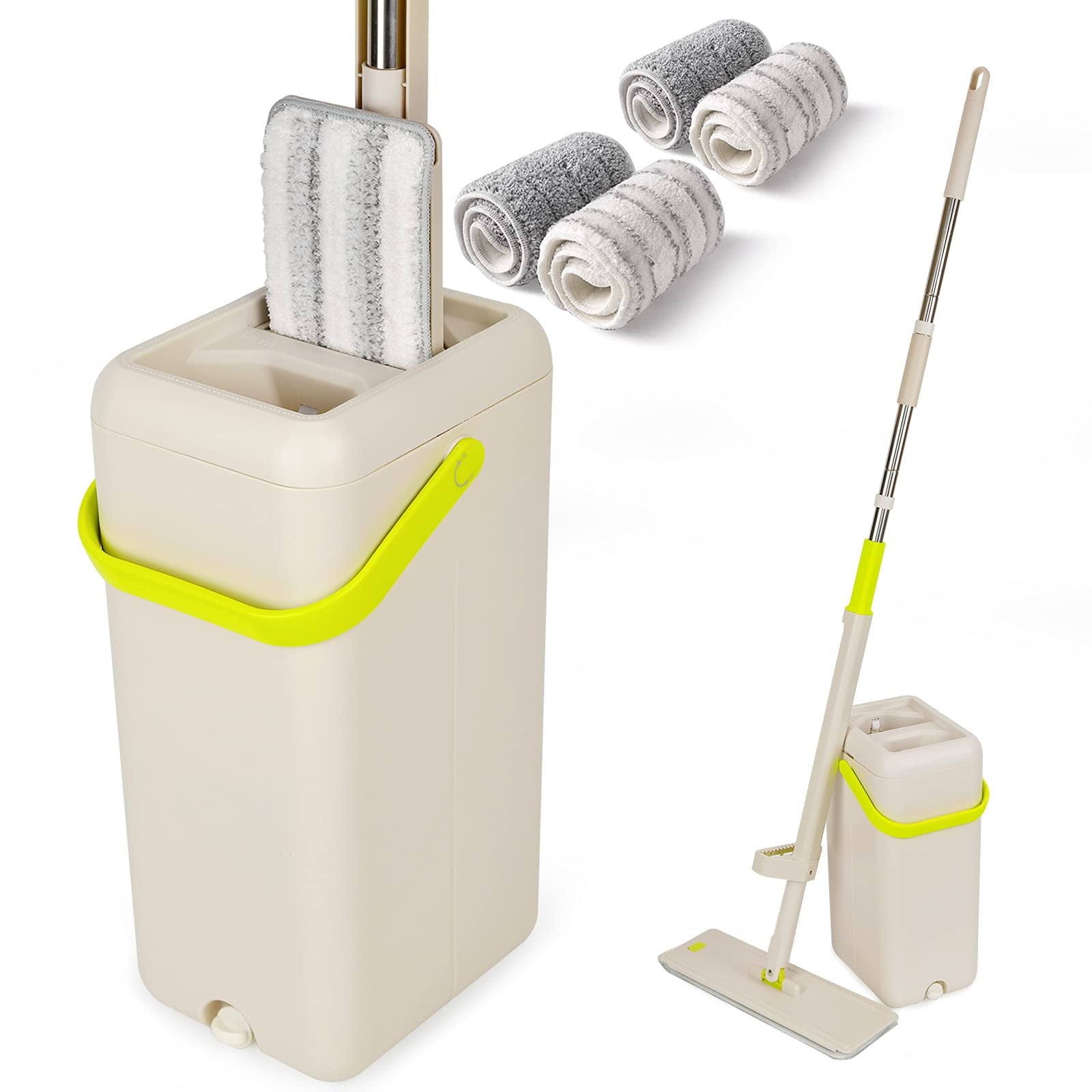 HoMettler Flat Mop and Bucket with Self Wringer, 4 Washable Microfiber