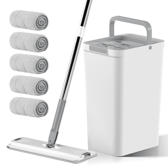 Flat Mop and Bucket Set, Mop and Bucket with Wringer Set, with Long Handle and 5 Microfiber Reusable Pads, Wet and Dry Use for Household Cleaning and Floor Windows Cleaning
