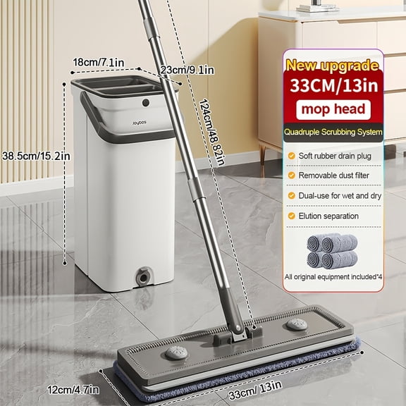 Flat Mop and Bucket Set with Wringer, Adjustable Handle, 4 Washable Microfiber Mop Pads, Hands-Free Floor Cleaning System for Home, Kitchen and Bathroom