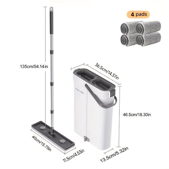 Flat Mop and Bucket Set with Wringer, Long Handle, Washable Microfiber Pads, Hands-Free Floor Cleaning System for Hardwood, Tile, Windows, Kitchen and Bathroom
