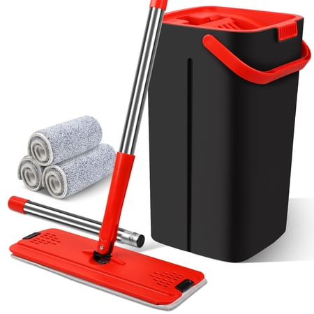 Flat Mop and Bucket Set with Wringer Set, Mop and Bucket with 3 Washable & Reusable Microfiber Pads, Wet and Dry Use Home Floor Cleaning System for Hardwood, Tile, Wall, Windows