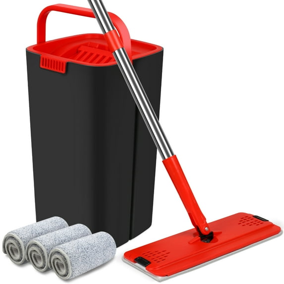 Flat Mop and Bucket System, Hands-Free Floor Mop and Bucket with Wringer Set for Home, Include 3 Reusable Microfiber Mop Pads, Wet and Dry Use, Home Cleaning for All Floor Types and Windows