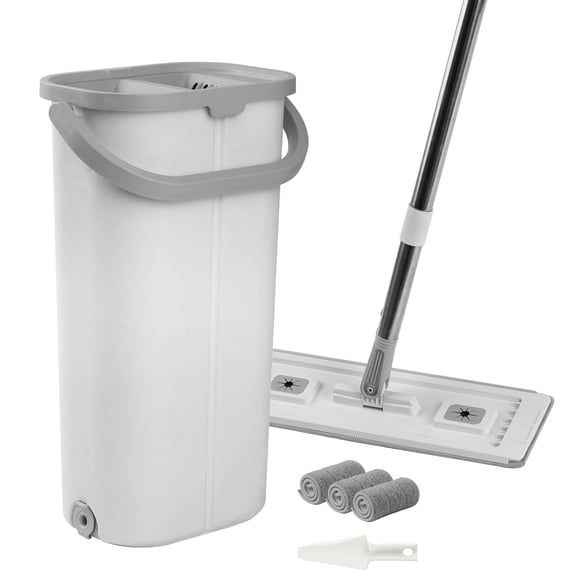 Flat Mop & Bucket Wringer Combo, Wet Dry Dual Use Floor Cleaning System with 3 Washable Microfiber Pads Stainless Steel Handle