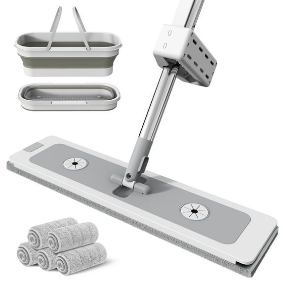 Flat Mop and Collapsible Bucket with Self-Wringer, 12L Hand Free Mop and Bucket Set for Floor Cleaning, Foldable Buckets with Wheels, Wet and Dry Use, 5 Washable Microfiber Pads