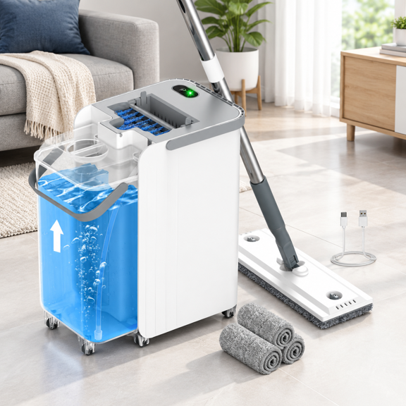 Flat Mop System with Detachable 5L Tank, Auto Spray, Wheeled Base, and 4 Mop Pads