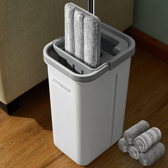 Flat Mop System with Microfiber Mop and Bucket Set White Hands-Free Wet and Dry Floor Cleaning Includes 5 Washable Pads
