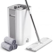 Flat Mop and Bucket Set, Wet/Dry System with Wringer, 3 Microfiber Pads, Hardwood Floor & Wall Cleaning Mop with Long Handle for Home Commercial Use