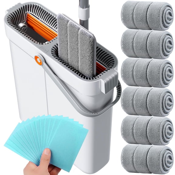 Flat Mop and Bucket Set with 6 Reusable Microfiber Pads, Wet Dry Floor Wall Window Cleaning