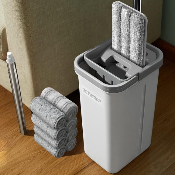 Flat Mop and Bucket Set with Two-Tank Wash and Dry System White Microfiber Pads Wet and Dry Use