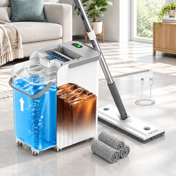 Flat Mop and Bucket System with Detachable Tank and Auto Spray for Floor Cleaning