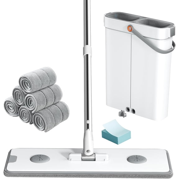 Flat Mop and Bucket System - with Wringer Set for Home | Wet Dry Apartment, Tiny Home, Windows, Wall, Hardwood Floor, RV 6 Reusable Microfiber Cloth