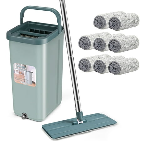 Flat Mop and Bucket with Wringer Set, Floor Mop and Bucket 8 Reusable Washable Microfiber Mop Pads Hands-Free Floor Cleaning Mop Bucket System