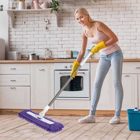 Flat Mop for Tile and Wood Floor, Rotating Push Mop with String Duster, Wet Dry 2-in-1 Cleaning Tool, Hand-Free Washable, 1 Mop