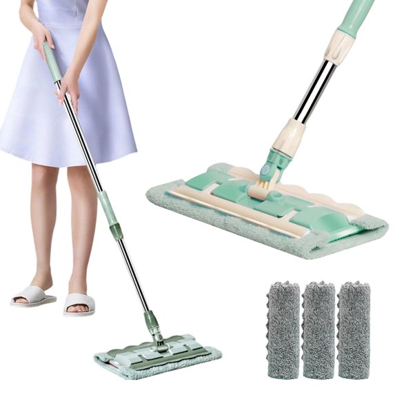 Flat Mop with Stainless Steel Handle, 360 Rotatable Adjustable Cleaning Mop, Includes 4 Reusable Washable Microfiber Pads for Home Floor Cleaning