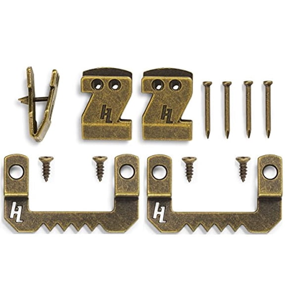 HangZ 34051 Flat Mount Sawtooth Picture Hook and Hanger Kit, 15lb, Antique Brass