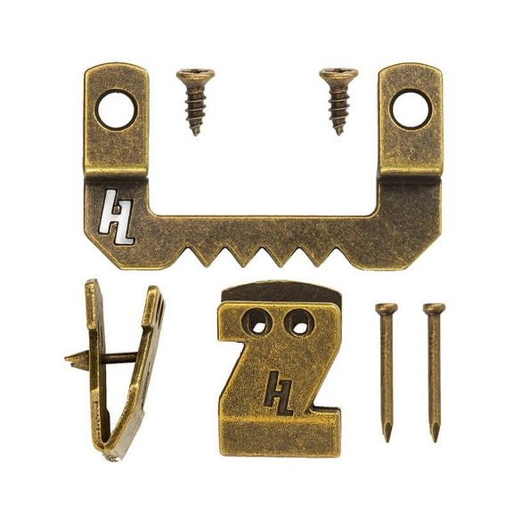 HangZ 34051 Flat Mount Sawtooth Picture Hook and Hanger Kit 15lb Antique Brass