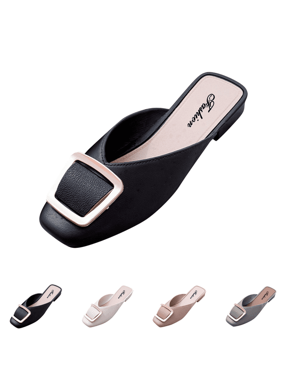 Flat Mules for Women Square Toe Ballet Flats Backless Loafers Slip On Closed Toe Delicate Decor Ballet Mules Lightweight Soft Sole Loafer Slides for Daily Casual Wear Black