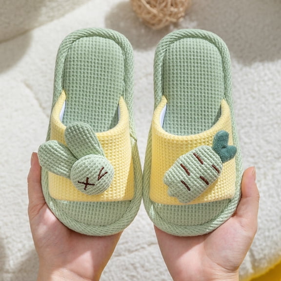Flat Open Toe Cute Ribbed House Shoes Indoor Floor Cute Cartoon Soft Comfortable Slip Linen Slipper Portable Lightweight,A-Yellow 32