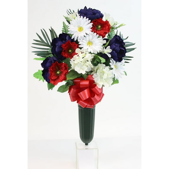 Flat Peony Mix X15 Cemetery Vase - N/A Red, White, Blue