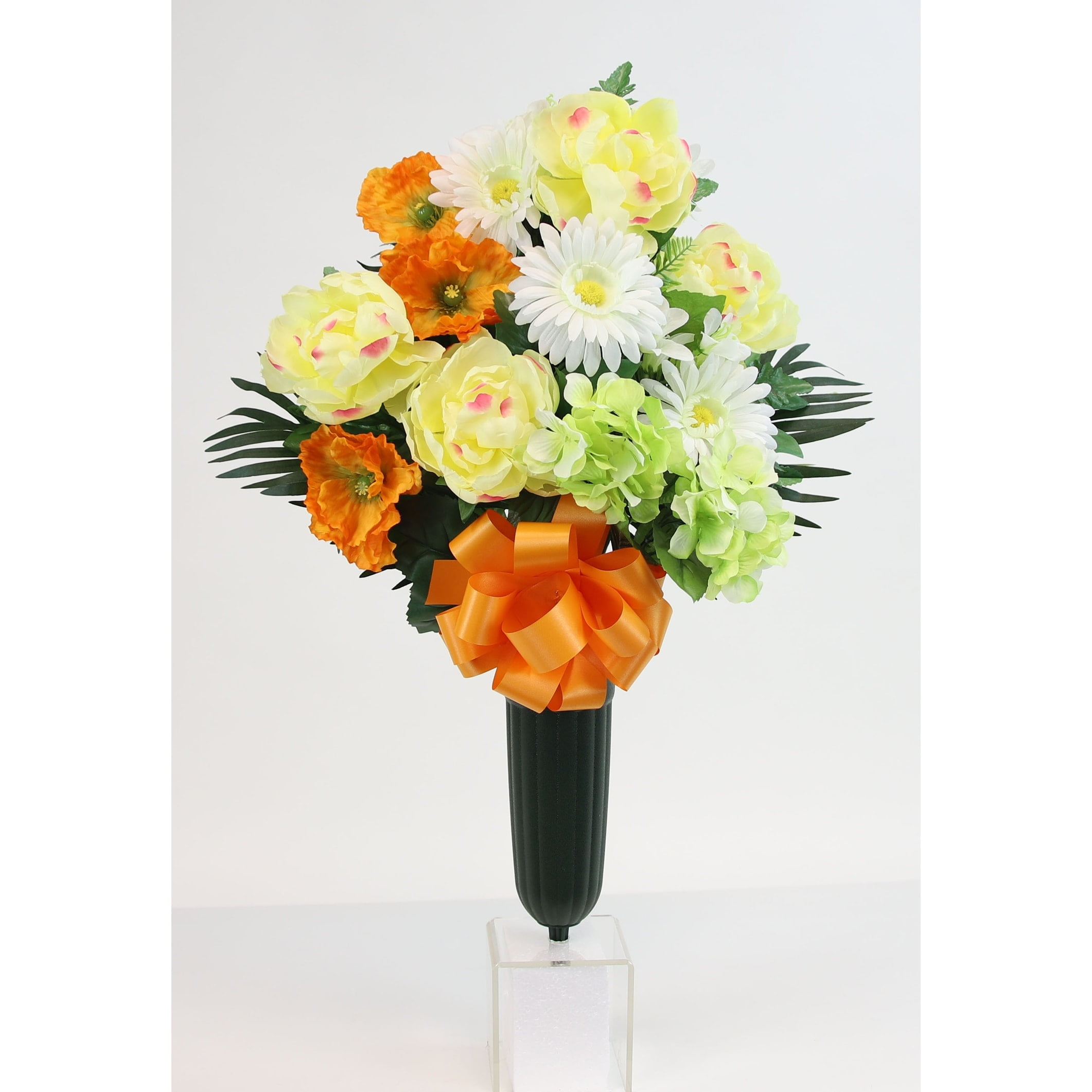 Flat Peony Mix X15 Cemetery Vase - N/A Yellow, Orange, Green, White
