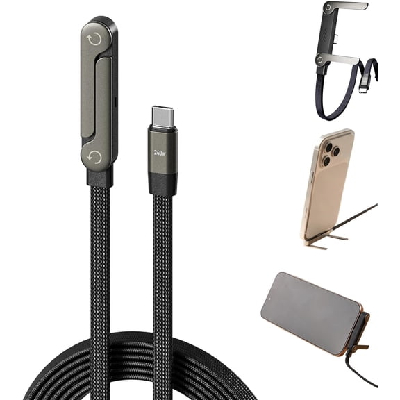 Flat Phone Charger, 240W Fast Charge Invisible Holder Charger Cable with Stand, Type C Invisible Stand Charging Cable, 90 Degree Cord