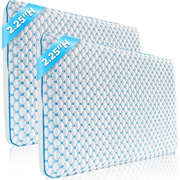 Flat Pillows for Sleeping Thin Memory Foam Pillows for Stomach and Back Sleepers, Cooling Gel Stomach Sleeping Pillow for Hot Sleepers, Low Memory Foam Pillow for Back Sleeper 2 Pack 2.25-Inches