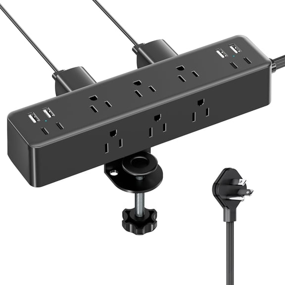 Flat Plug Desk Clamp Power Strip 10FT, 24W Total Charging Station, Desk Edge Mount Power Strip 9 AC Outlets 8 USB Ports Surge Protector, Fit 1.7" Tabletop Edge, Home Office Accessories