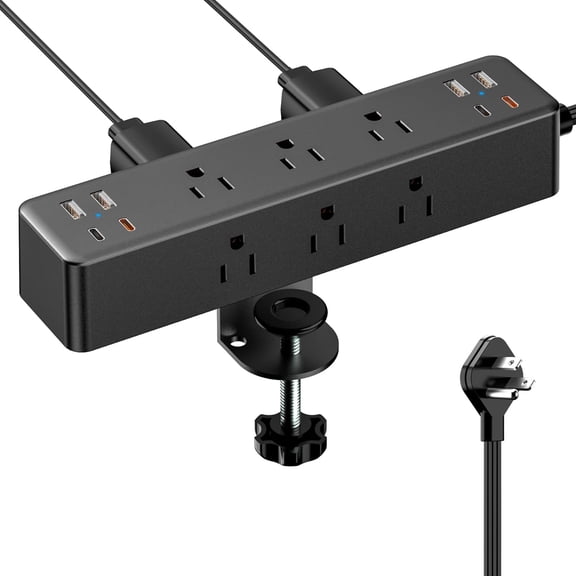 Flat Plug Desk Clamp Power Strip 10FT, 40W Total Fast Charging Station, Dual PD 20W USB C Ports, Desk Edge Mount Power Strip 9 AC Outlets 8 USB Ports(4 USB C) Surge Protector, Fit 1.7" Tabletop Edge