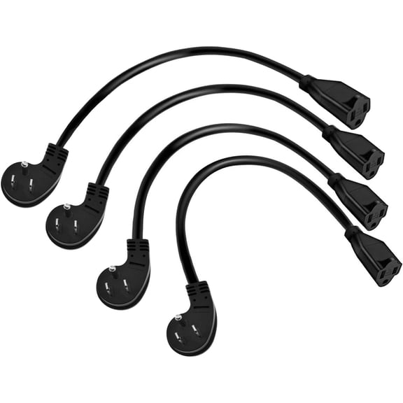 Flat Plug Extension Cord 1 Ft, 90 Degree Plug Adapter, 3 Prong Grounded Wire Short Flat Wall Power Cable Black ETL Listed (4-Pack, 13 Amp, 125 Volts, 1625 Watts)