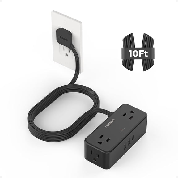 Flat Plug Extension Cord 10 FT, Sur Protector Power Strip with 4 AC Outlets 1 USB C and 2 USB A Ports, 900 Joules Protection, Multiple Wall Outlet Extender Suitable for Office Dorm, Black