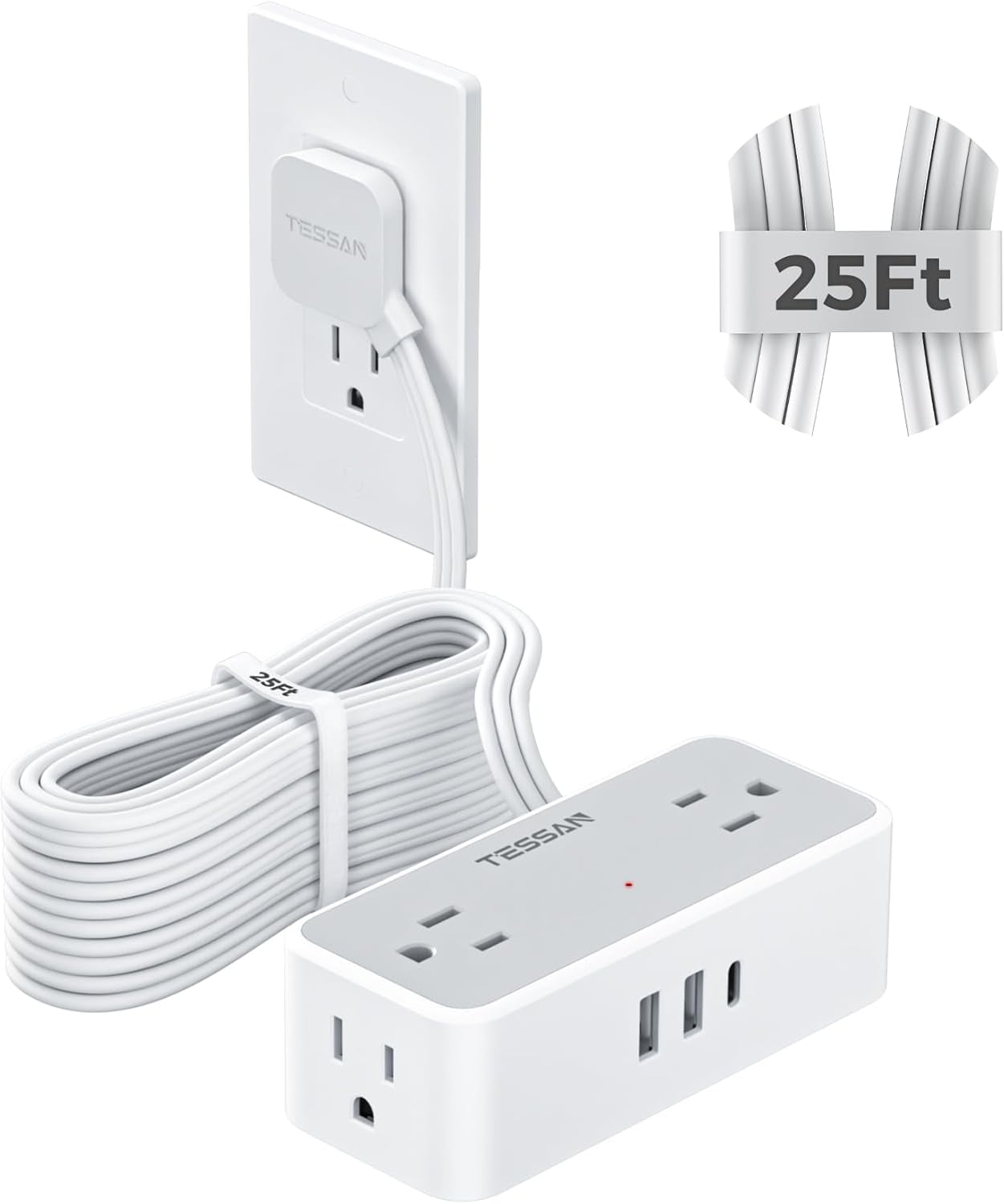 Flat Plug Extension Cord 25 ft, Surge Protector Power Strip with 4 AC Outlets 1 USB C and 2 USB A Ports, 900 Joules Protection, Multiple Wall Outlet Extender for Home Office Dorm Essentials